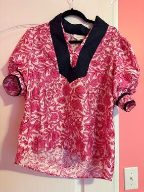 entro Pink Floral Blouse with navy Trim
